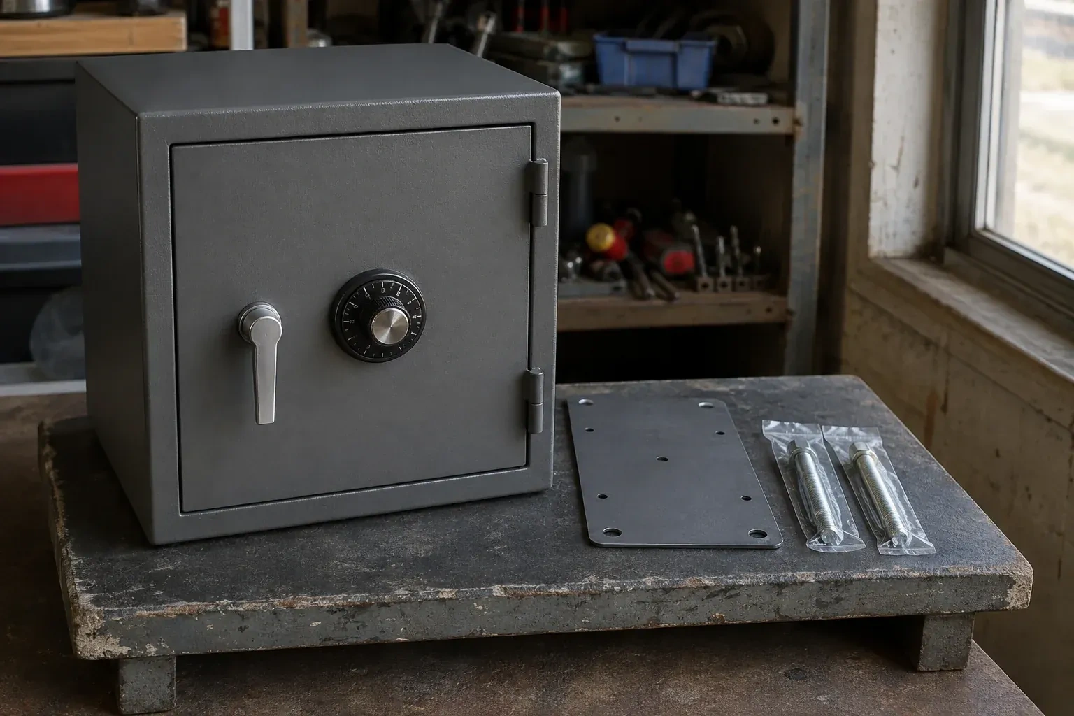 Closed small safe beside a metal plate and packaged fasteners on a workshop bench. — Safe Installation & Servicing, Brampton