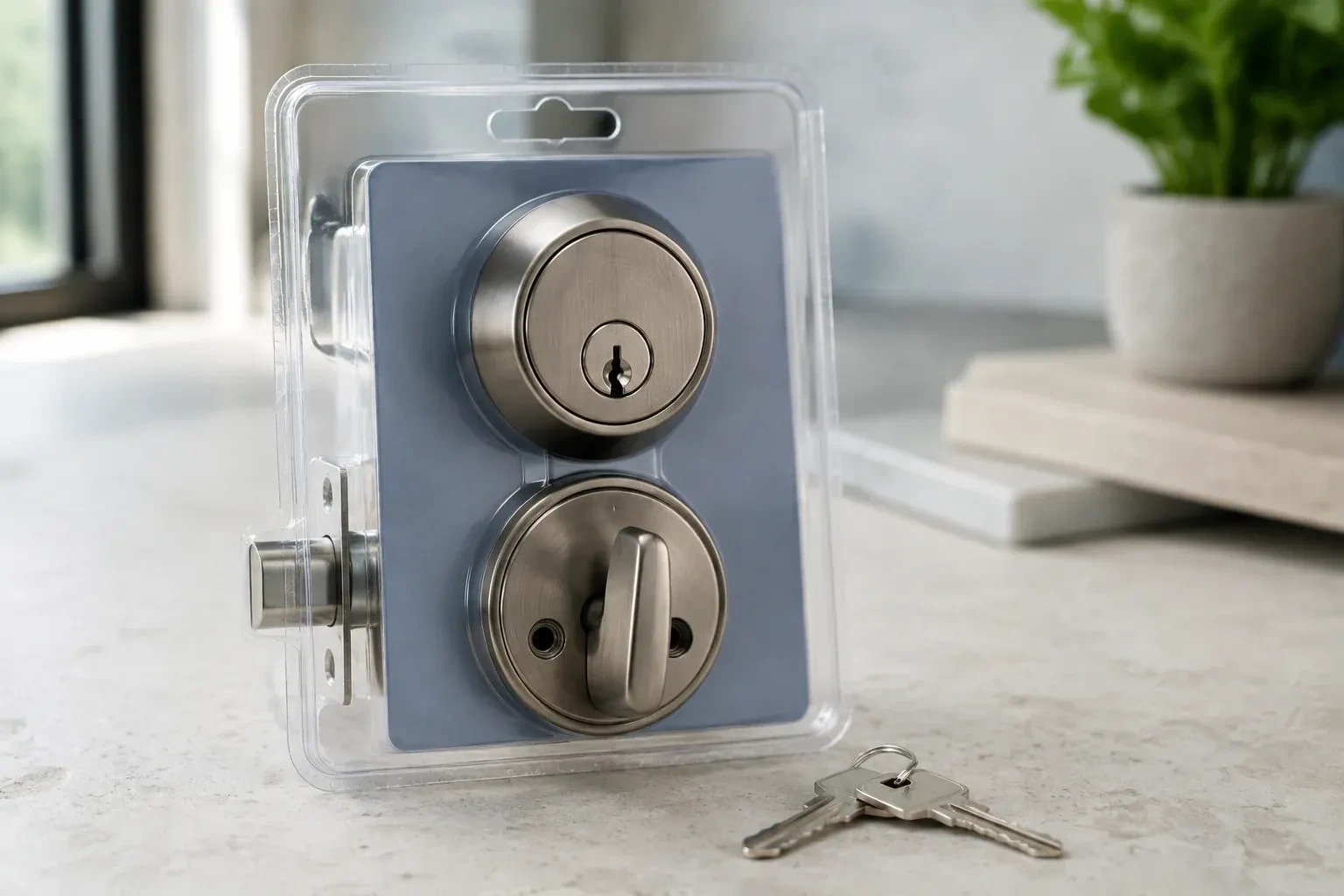A silver-colored deadbolt set in clear packaging with two keys resting on the countertop in front. — Lock Rekeying, Brampton