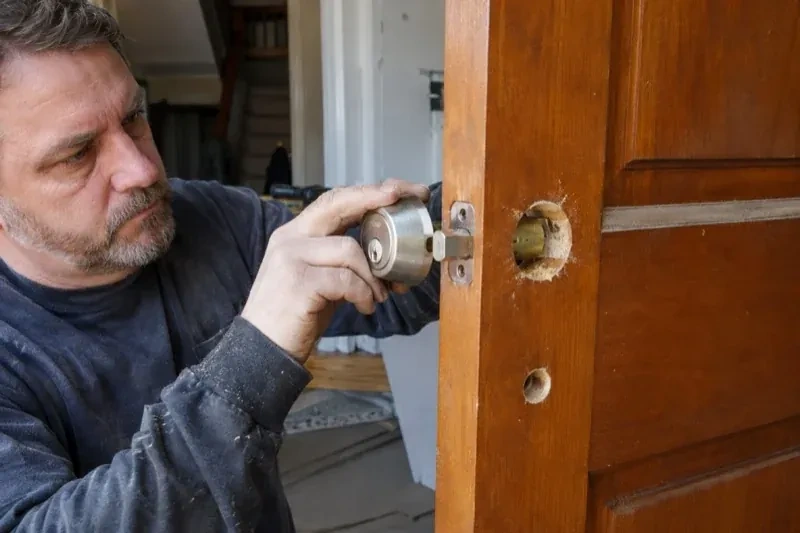 Person holding a silver-colored lock beside an open wooden door with exposed circular holes and a latch at its edge. — Deadbolt Installation, Brampton