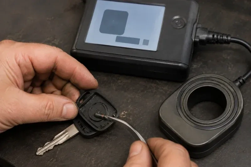 Hands using tweezers at an opened car-key head beside a small electronic unit and a ring-shaped accessory. — Transponder Key Programming, Brampton