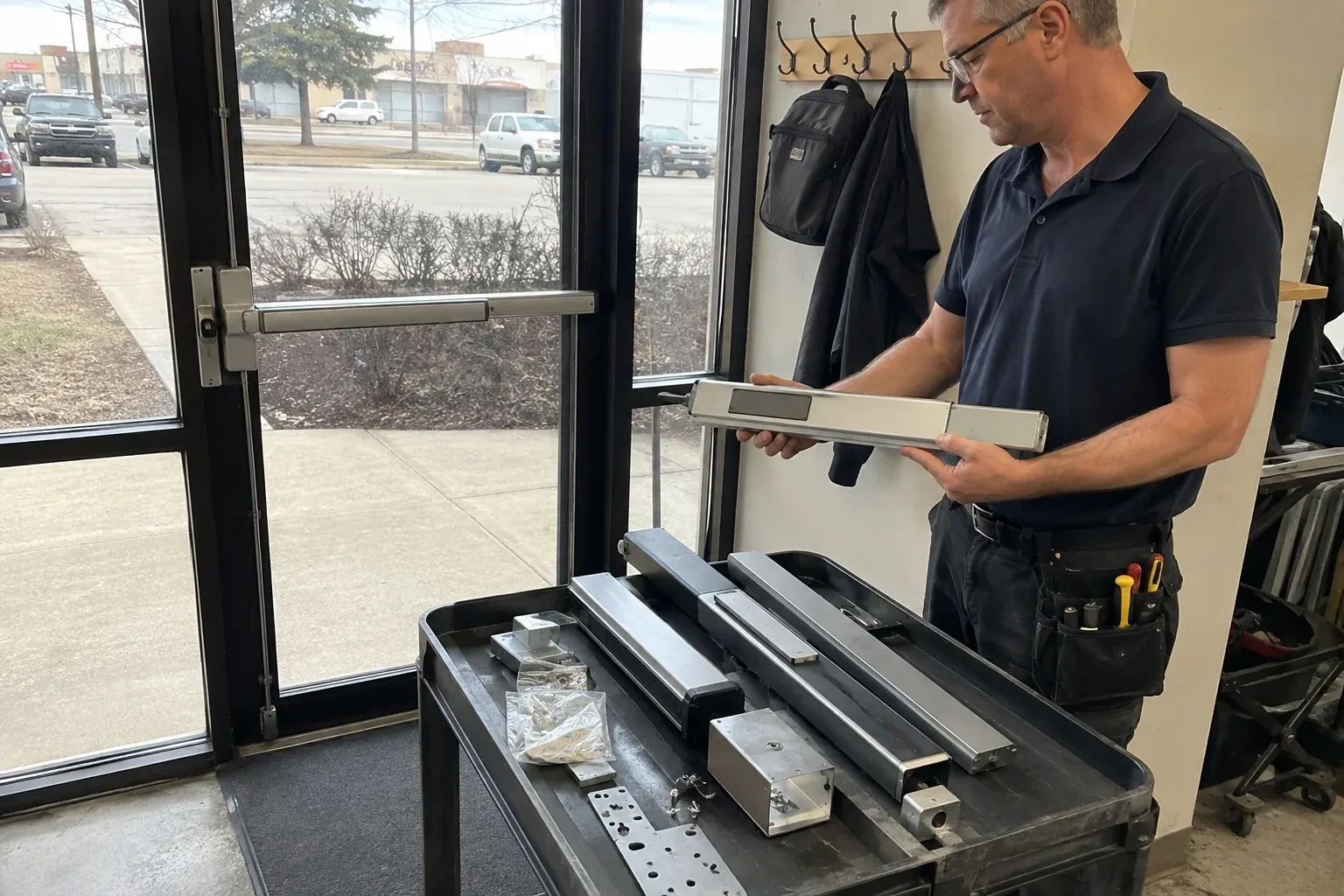 Person holding a long metal door-hardware assembly beside a cart of similar parts and a glass door fitted with a push bar. — Panic & Exit Hardware, Brampton