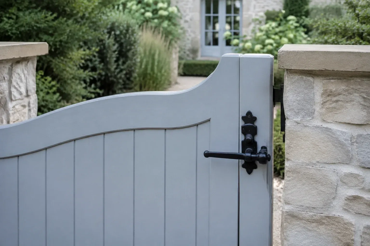 Pale blue garden gate with a black lever latch between light stone pillars. — Gate & Building Entry Locks, Brampton