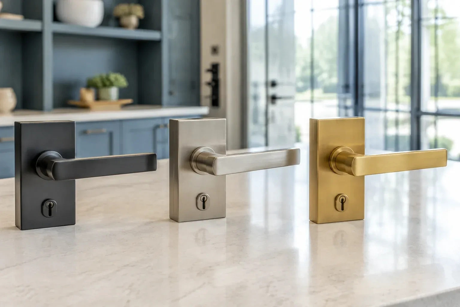 Three rectangular door-handle sets with keyholes in black, silver-colored and gold-colored finishes standing on a countertop. — Commercial Rekeying, Brampton